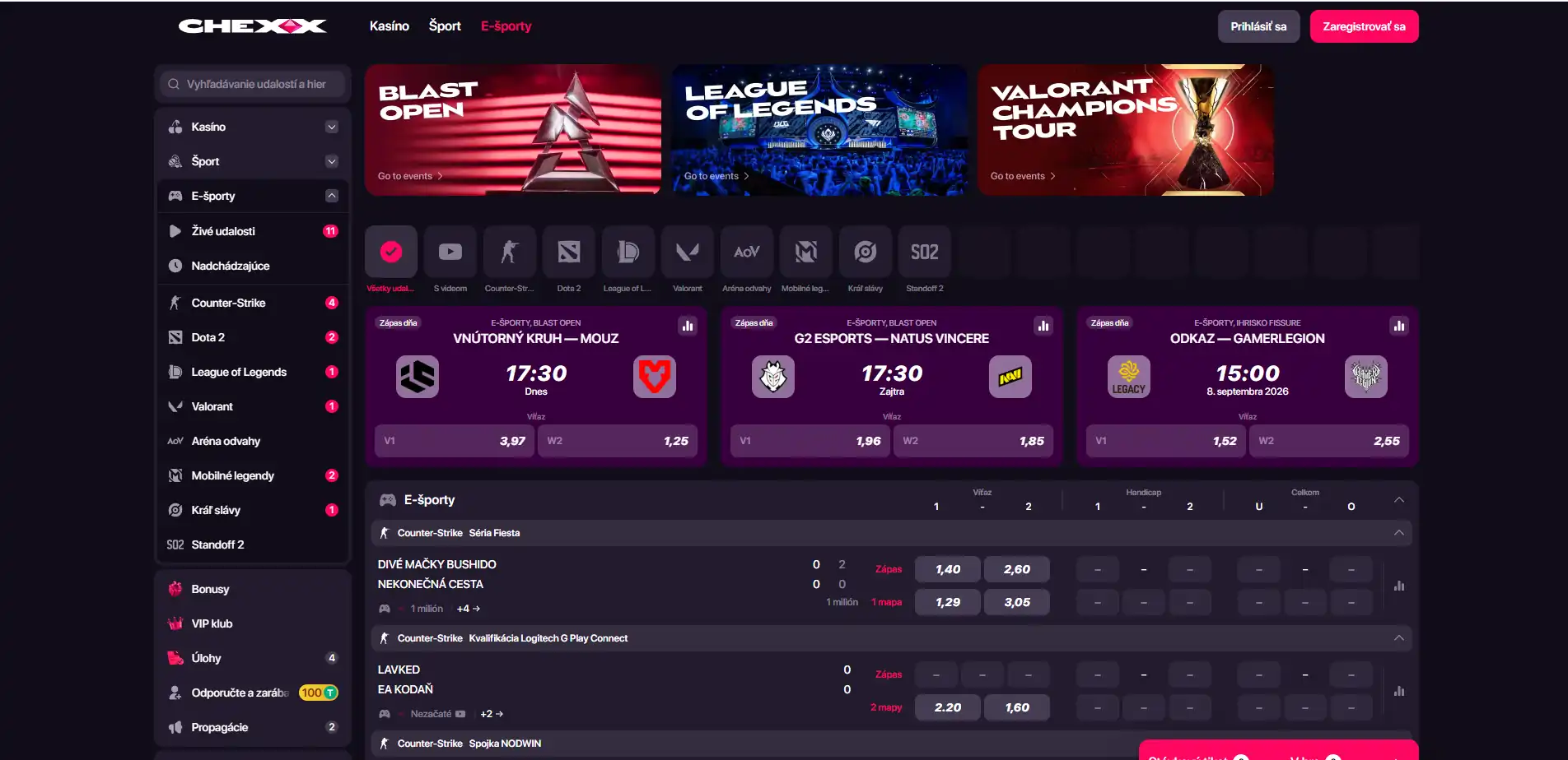 Reálny obrázok esports sekcie CHEXX s viditeľnou esports navigáciou