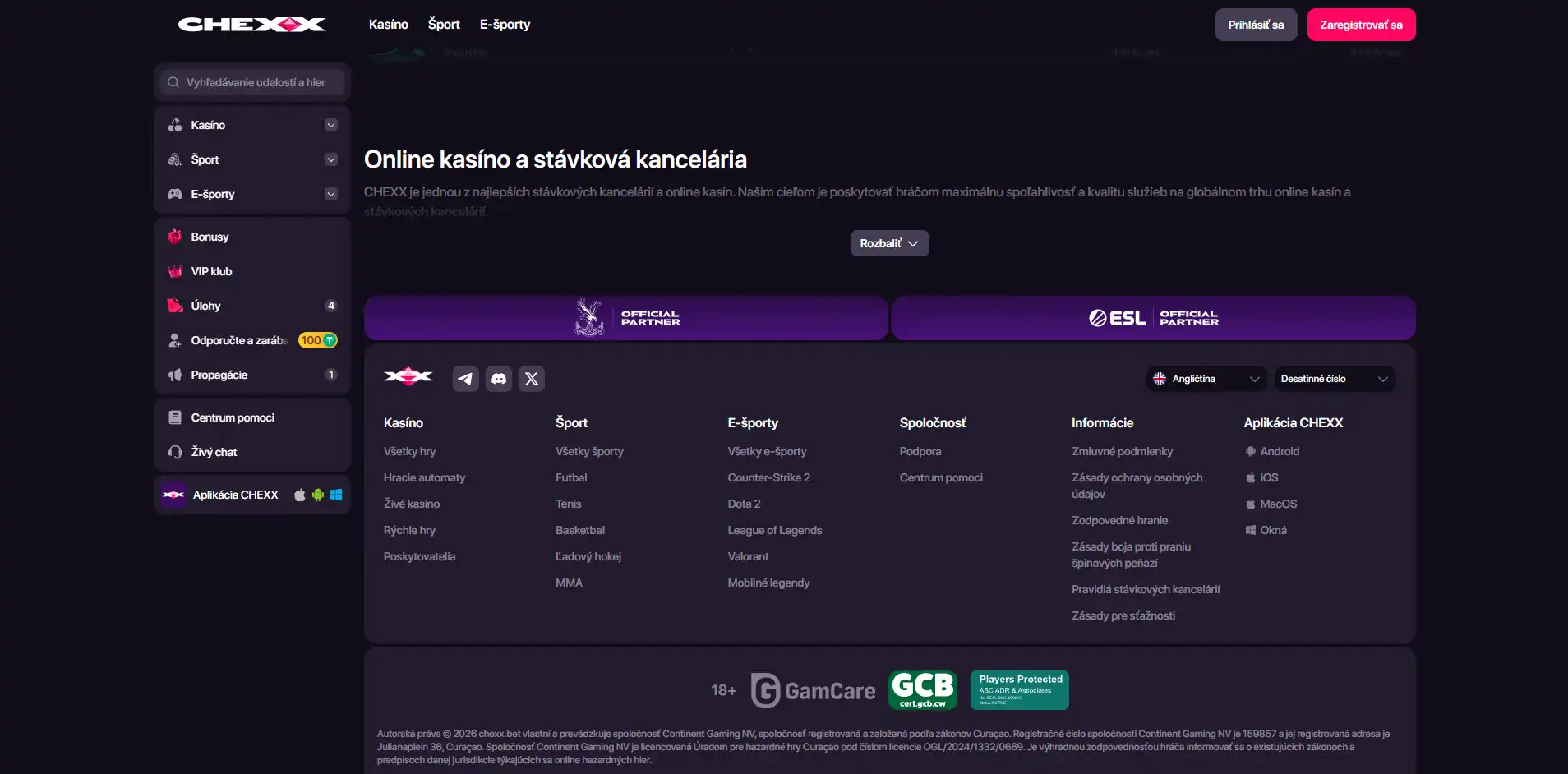 Reálny footer CHEXX s údajmi o prevádzkovateľovi a Curaçao licencii