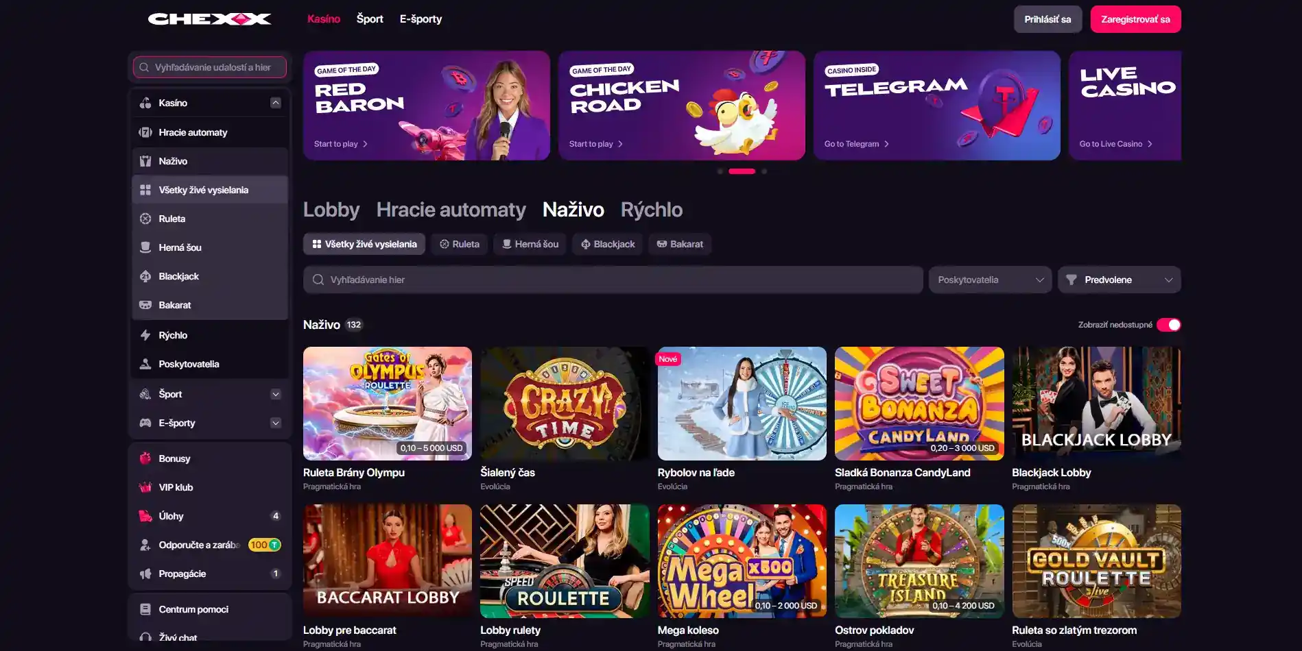 CHEXX live casino lobby s kategóriami živých hier a providermi