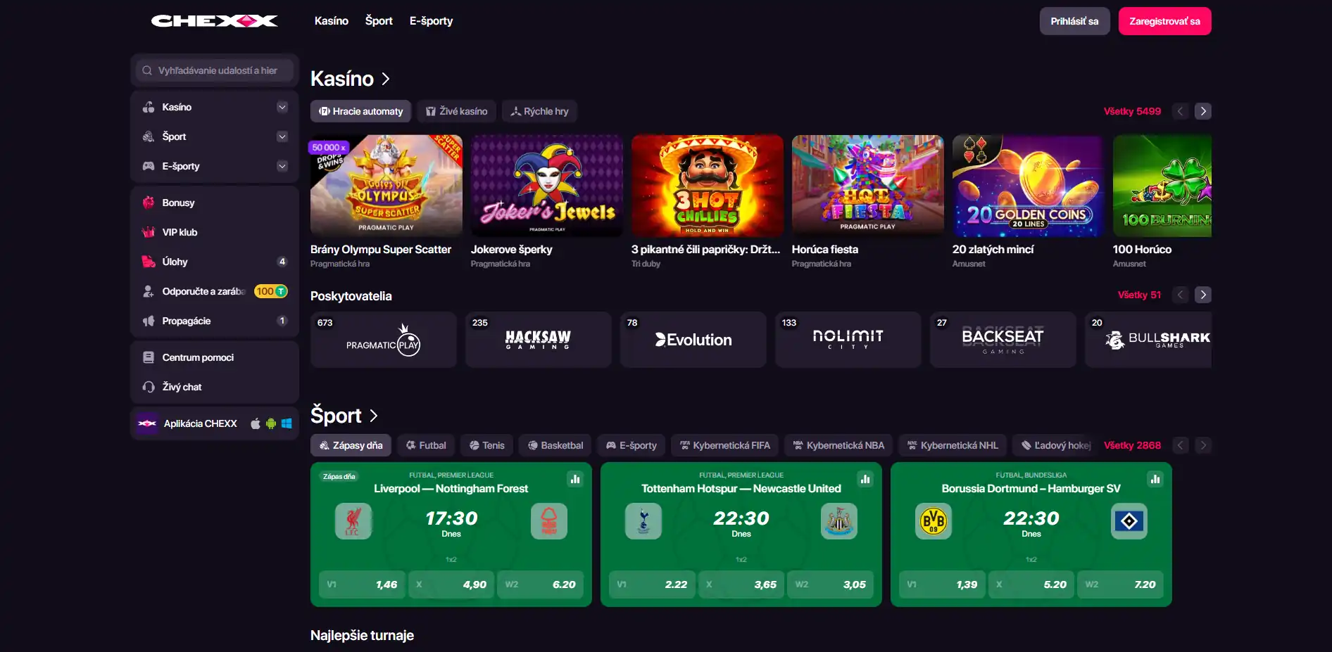 Domovská stránka CHEXX s hlavnou casino a sports navigáciou